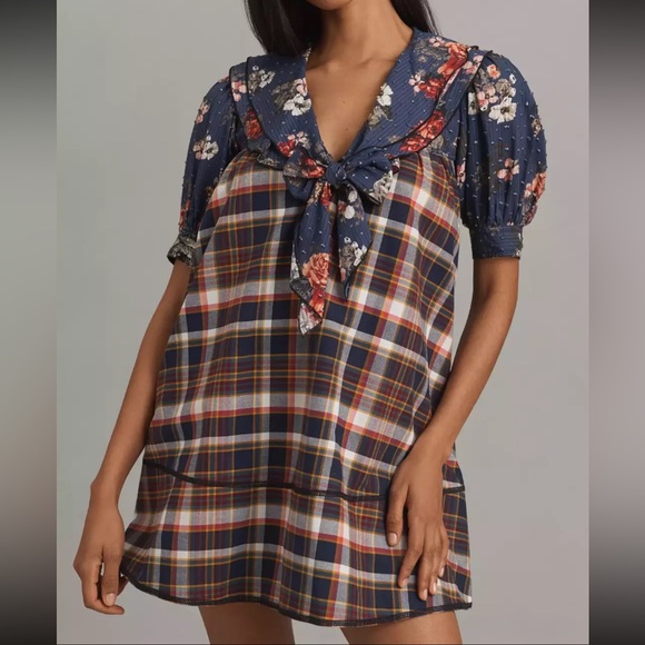 pilcro short sleeve bow front tunic mini dress Anthropologie Pilcro Short-Sleeve Bow-Front Tunic Mini Dress Multi Print  Plaid
